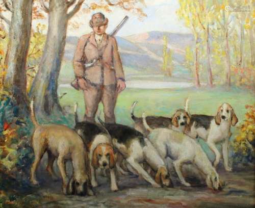 Ecole XXe. Scène de chasse. HSPanneau. 43 x 54 cm.