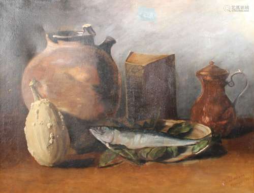 Ch. Duclaux. 1900. Nature morte au poisson. Huile sur toile....