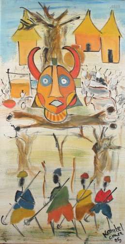 Kambel DIENG (1953). Composition au masque africain. Huile s...