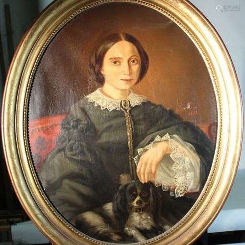 Edme Luce. Portrait de dame au petit chien. Huile sur toile ...