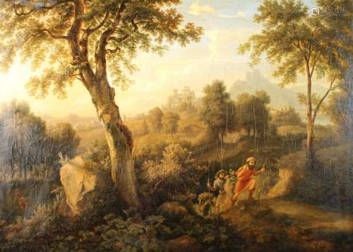 Ecole italienne vers 1700. Paysage animé. Huile sur toile. 6...