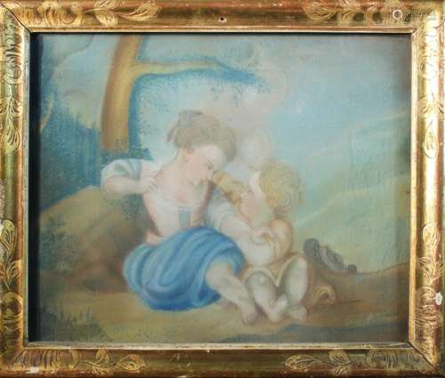 Ecole XVIIIème. Deux enfants. Pastel. 22,5 x 26,5 cm. (mouil...