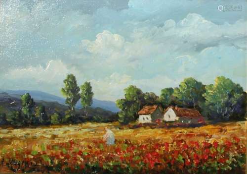 Robert Mogisse. Paysage animé au coquelicots. HSToile. Signé...