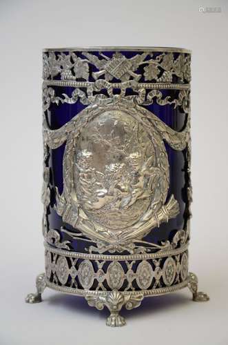 Vase de style Louis XVI en argent massif avec verre bleu (h1...