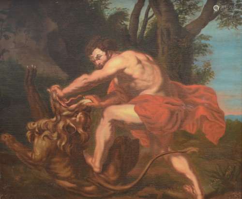 Anonyme (17ième siècle): peinture (h/p) 'Samson et le lion' ...