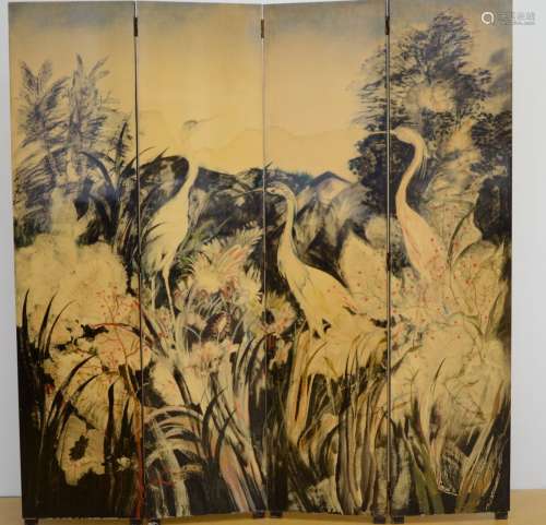 Albert Saverijs : paravent 4 pièces 'oiseaux' (170x160cm)