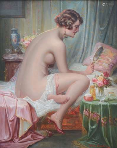 Max Carlier: tableau (h/p) 'Dame dans sa chambre' (100x80cm)