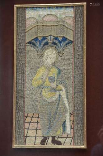 Fragment en textile avec brocart 'scène biblique' (cadre 56x...