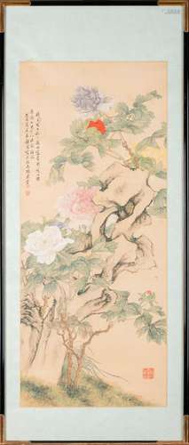 Peinture chinoise sur soie 'fleurs' (90x39cm) (*)