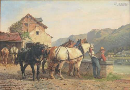 Paul Van der Vin: tableau (h/t) 'la halte des chevaux' (70x1...