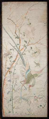 Broderie en soie chinoise 'faisan', 19ième siècle (110x43cm)