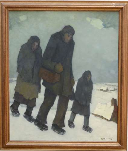 Hilaire Van Biervliet: tableau h/t 'voyageurs dans la neige'...