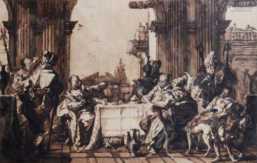 Anonyme: dessin à l'encre 'personages à table' (31x48cm) (*)