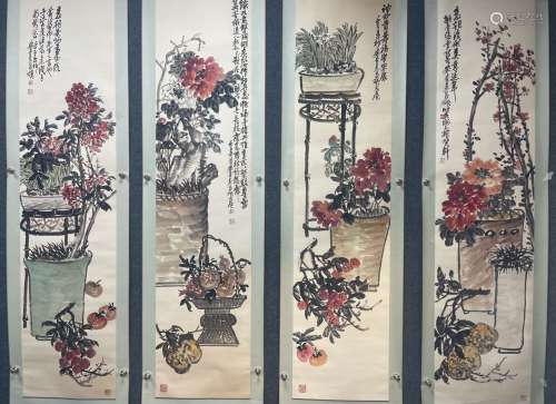 近現代 吳昌碩 民國花卉四條屏 紙本設色 條屏