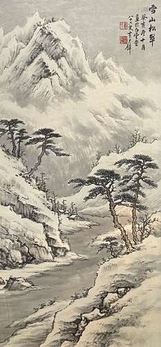 近現代 黃君璧 雪山松翠 絹本設色 鏡框