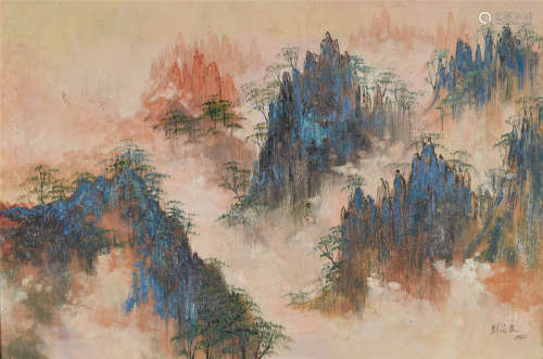 近現代 劉海粟 山水 布面油畫 帶框