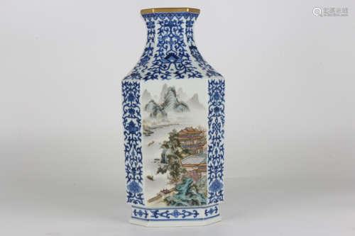 A Qing Qianlong blue and white famille-rose four-sided zun