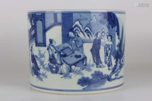 Qing Kangxi blue and white figure brush pot