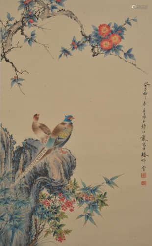 Yan Bolong, Two Sparrows, scroll, mid-spring, kuaiwei