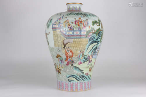 A Qianlong famille-rose painted gold plum vase with a group ...