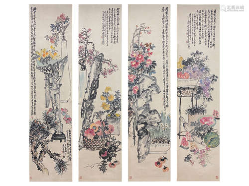 Wu Changshuo, floral scroll, 8 feet, standing scroll