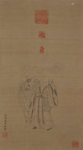 Yunxi, Two Luohan, on silk, with a mirror