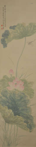 Xu Bangda, Lotus and Dragonflies, standing scroll