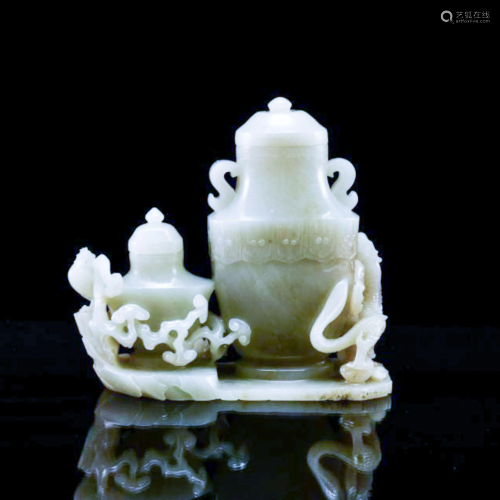 CARVED JADE DRAGON AND PHOENIX COVERED URN