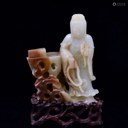 CARVED JADE GUANYIN FIGURE ON STAND