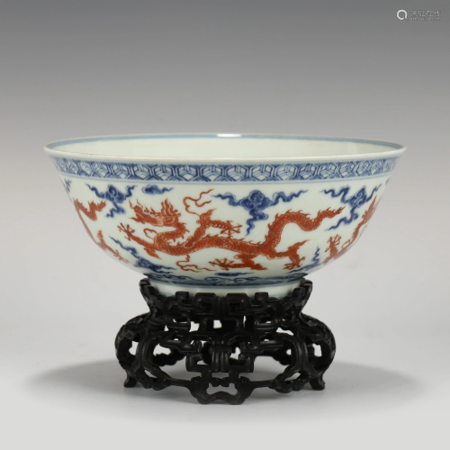 CHENGHUA RED DRAGON & BLUE FLAMES BOWL ON STAND