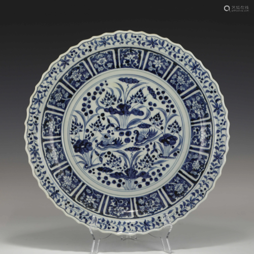 MING BLUE & WHITE DUCK POND PLATE
