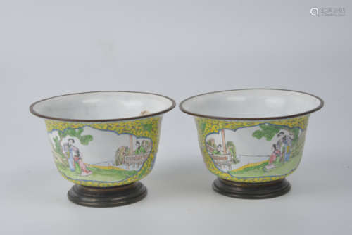 A pair of enamelled copper cups with figures in open windows