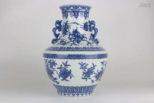 A Qianlong blue and white 'Sanduo' double-eared vase