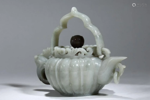 Qing Dynasty - White Jade Groud Shaped Pot with Handle