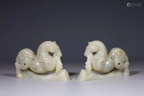 Qing Dynasty - White Jade Silver Wire Inlaid Horse