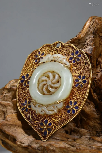 Qing Dynasty - Gilt Silver Wire White Jade Embeded