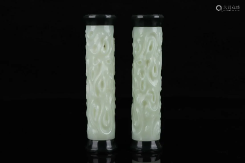 Qing Dynasty - White Jade Tube Incense Holder A Pair of