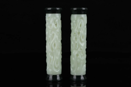 Qing Dynasty - White Jade Tube Incense Holder A Pair of