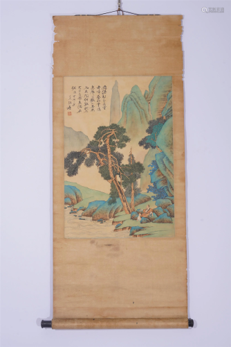 A CHINESE PAINTING OF FIGURE AMONG BLUE LANDSCAPE
