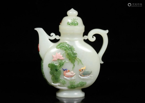 Qing Dynasty - White Jade Mandarin duck Gem Inlaid Wine