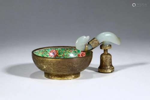Qing Dynasty - Copper Enamel White Jade Incense Holder