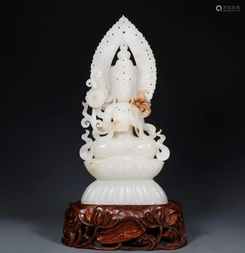 Qing Dynasty - White Jade Gem Inlaid Avalokitesvara