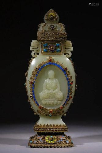 Qing Dynasty - White Jade Gilt Silver Wire Gem Inlaid