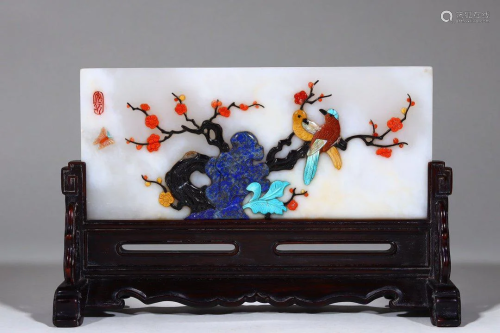 Qing Dynasty - White Jade Gems Embeded 'Magpie & plum'