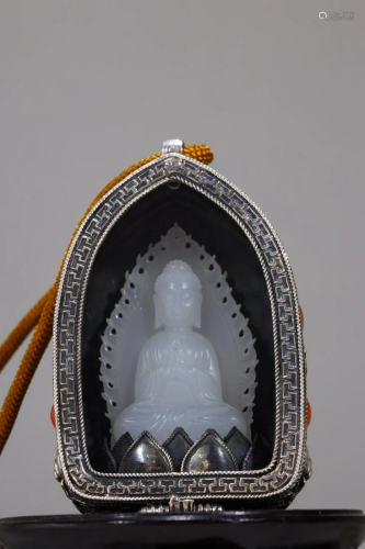 Silver Jade Embeded Sakyamuni Sitting Figure Portable