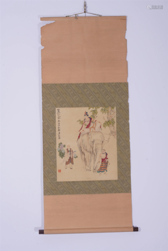 A CHINESE PAINTING OF BUDDHIST FIGURES AND ELEPHANT