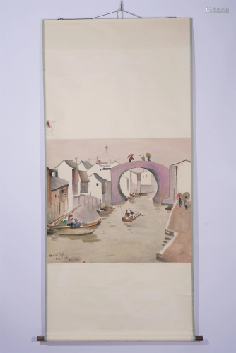 A CHINESE PAINTING OF WATER-TOWN SCENE