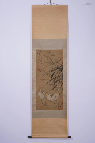 A CHINESE PAINTING OF WHITE EGRETS IN POND