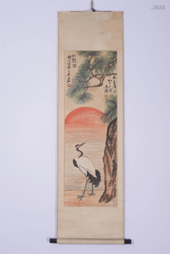 A CHINESE PAINTING OF PINE AND CRANE