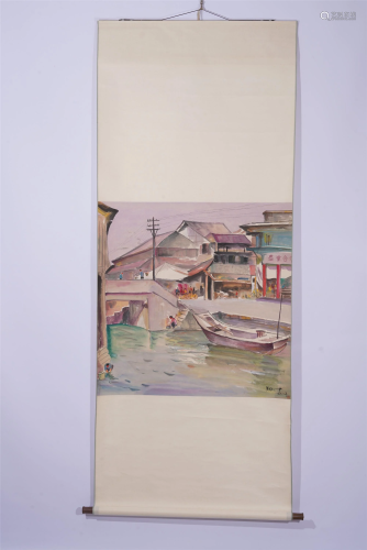 A CHINESE PAINTING DEPICTING WATER-TOWN SCENE